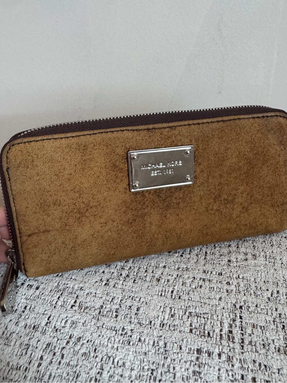 Michael Kors Tan Suede Zip-Around Wallet with Silver Plate